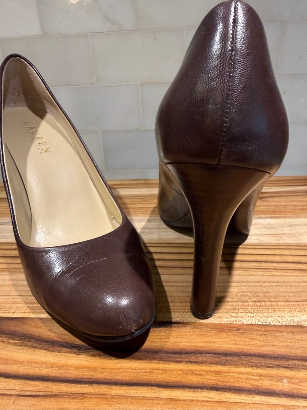 Lauren Ralph Lauren Zamora Chocolate Brown Leather High Heel Pumps SZ 7.5 - Picture 9 of 10